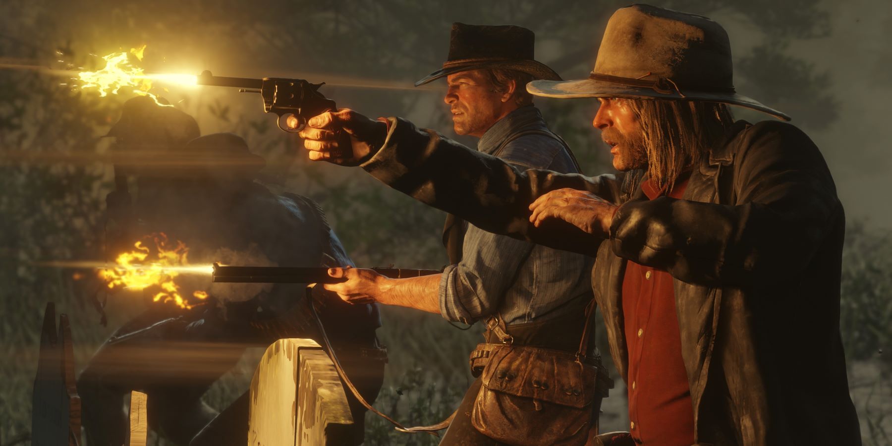 Micah Bell and Arthur Morgan firing guns in Red Dead Redemption 2