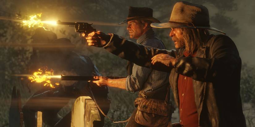 Micah Bell and Arthur Morgan firing guns in Red Dead Redemption 2