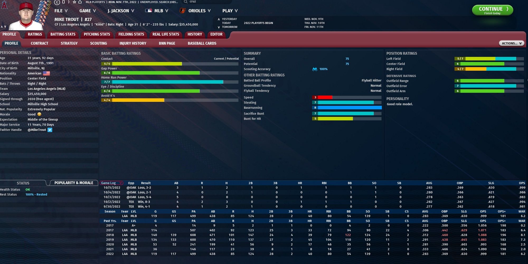 Player profile of Mike Trout in OOTP 23