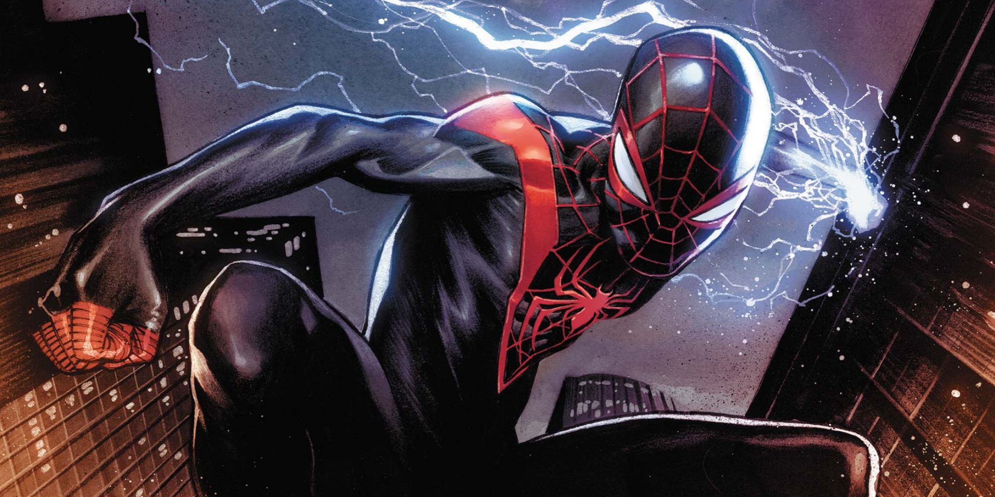 Miles Morales in his black-and-red costume summoning lightning in the comics