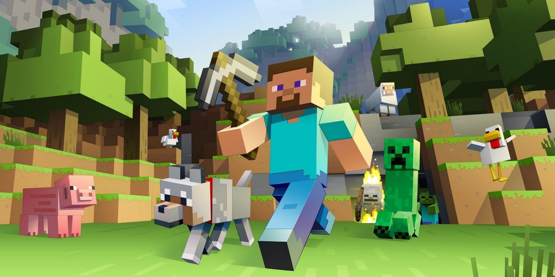 Minecraft Promo Image - Steve and the mobs in-game