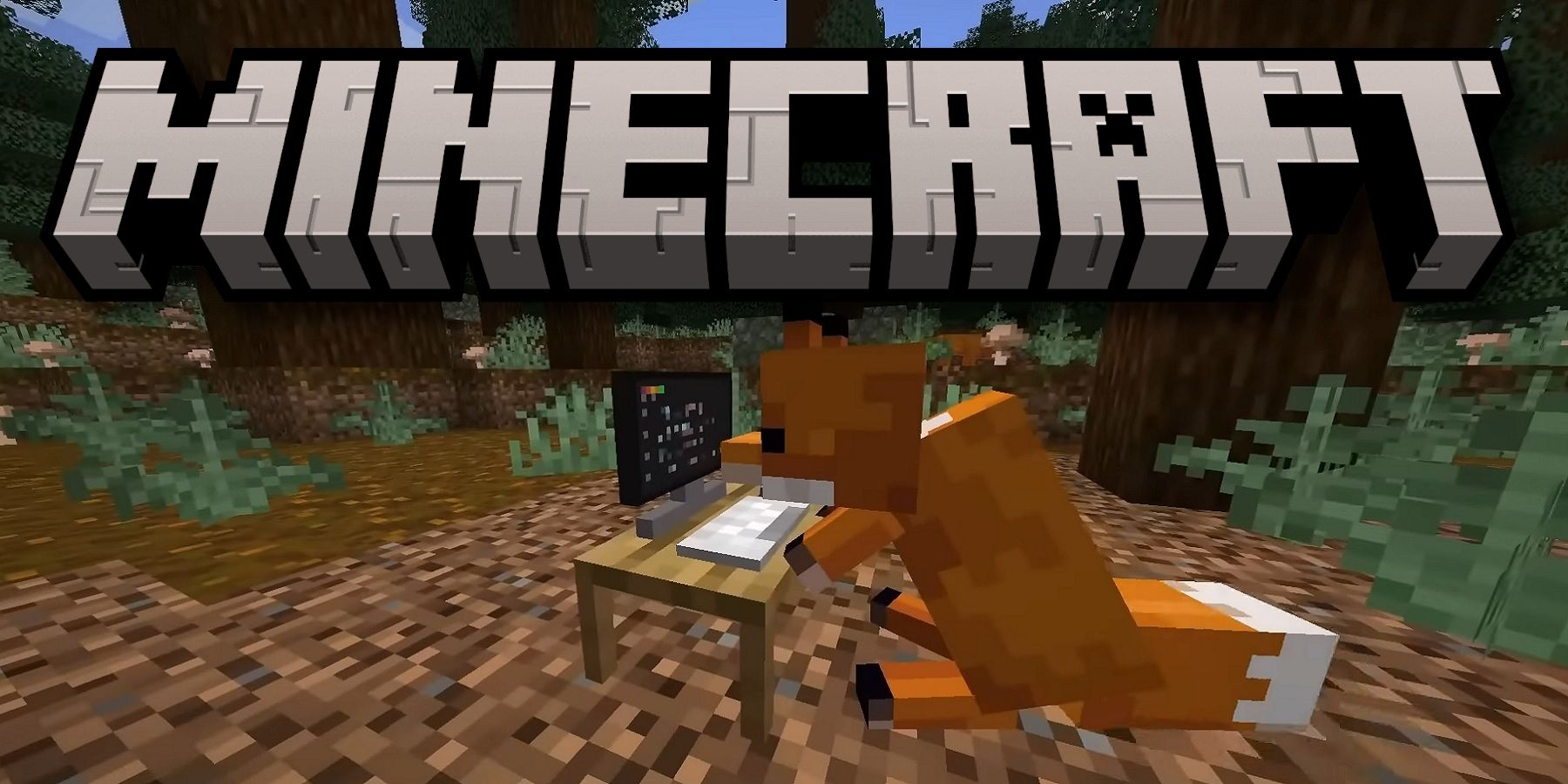 The Minecraft logo above a blocky fox that's sitting at an equally blocky computer.