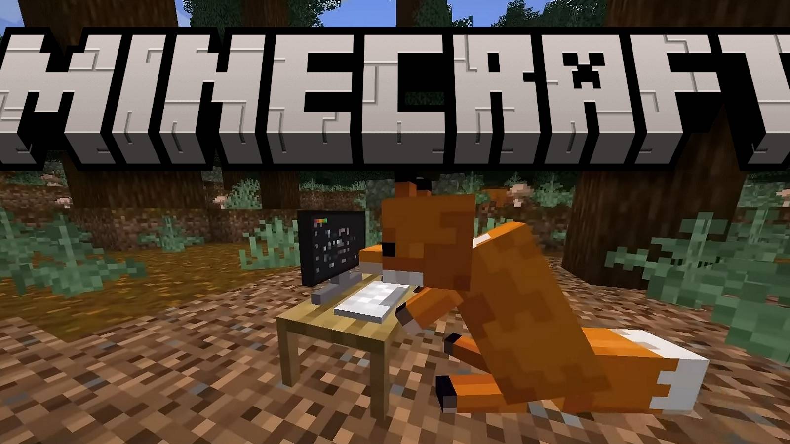 The Minecraft logo above a blocky fox that's sitting at an equally blocky computer.