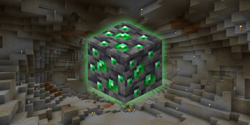 Cutout of Minecraft deepslate emerald ore over a photo of a mine