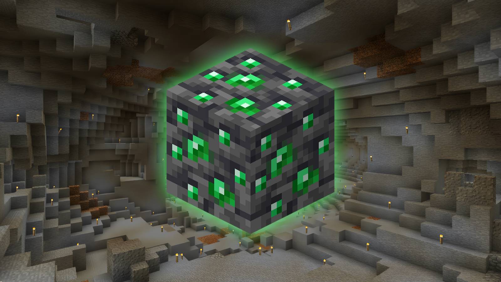 Cutout of Minecraft deepslate emerald ore over a photo of a mine