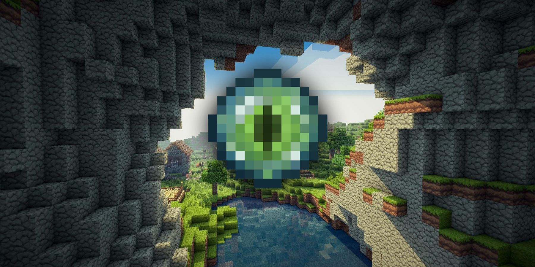 Image of the Eye of Ender overlaid on a screenshot of a Minecraft cave