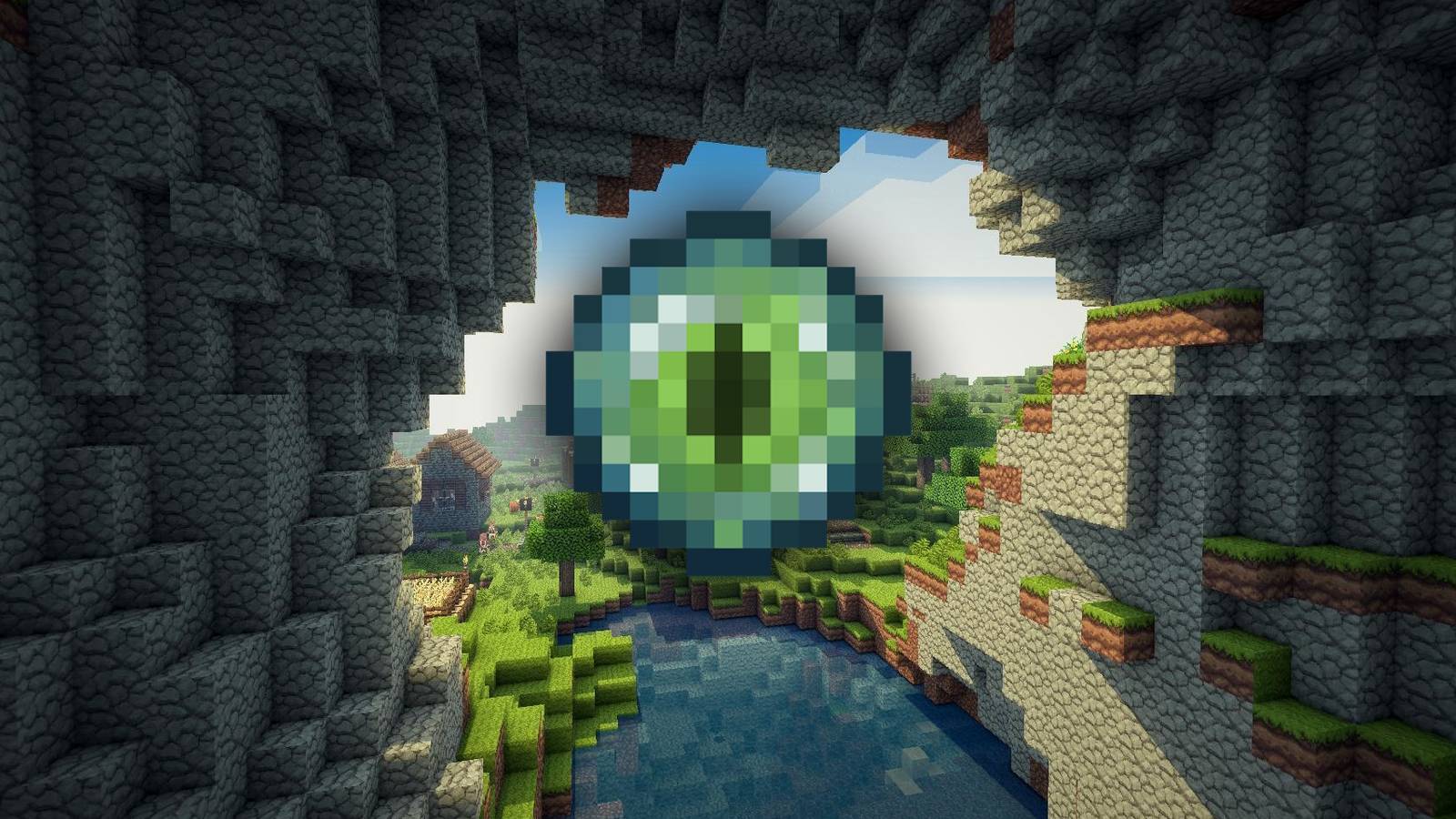Picture of the Eye of Ender superimposed on a screenshot of a Minecraft cavef