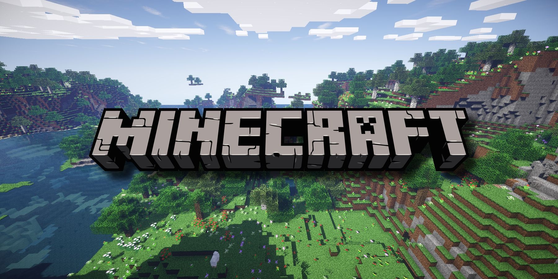 Screenshot of hills with flowers in Minecraft beneath the Minecraft logo