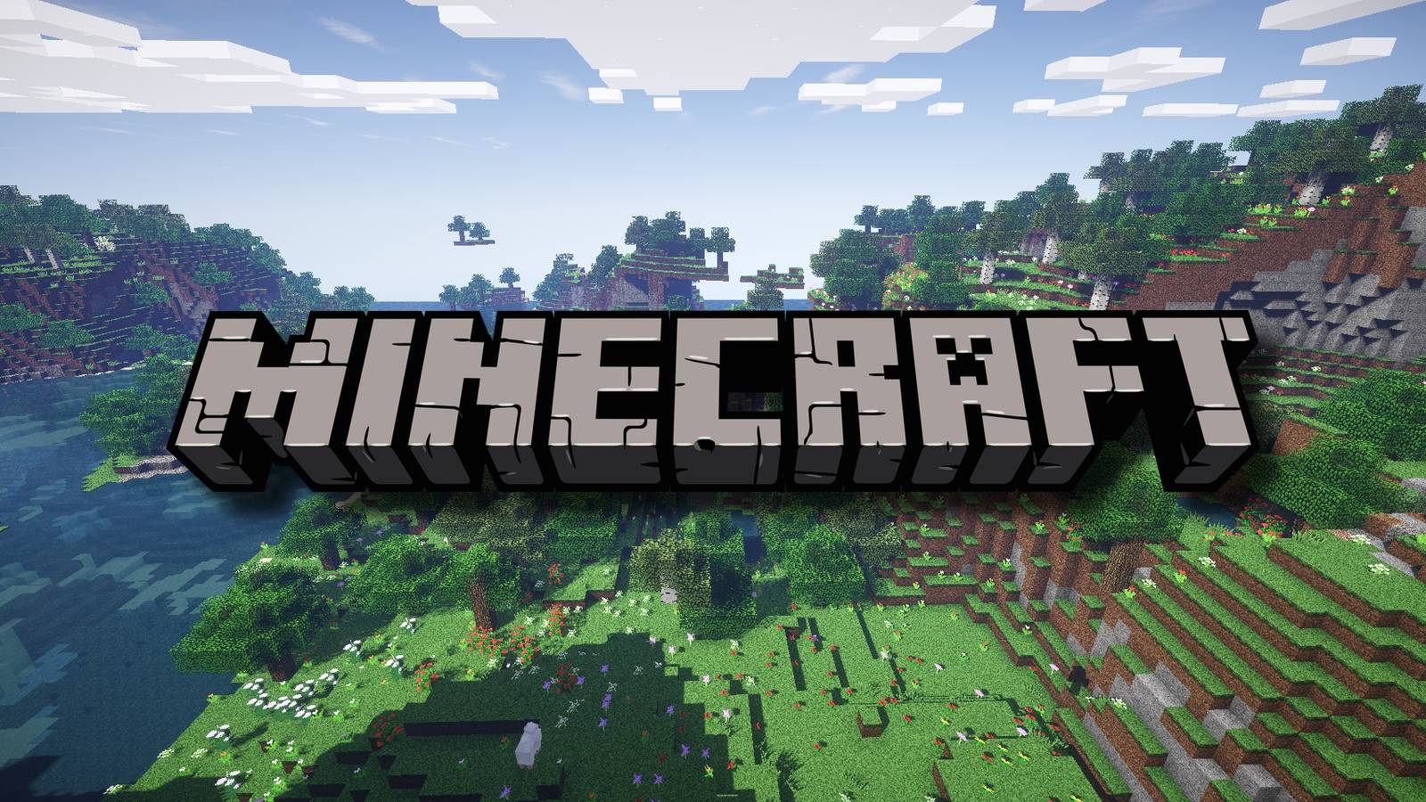 Screenshot of hills with flowers in Minecraft beneath the Minecraft logo