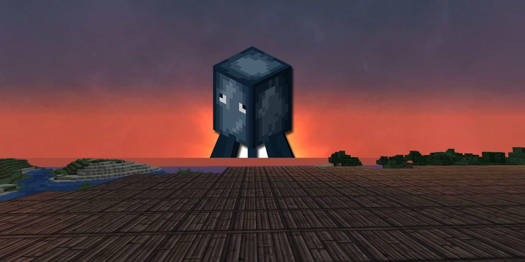 Screenshot of a sunset in Minecraft with a squid mob superimposed on top