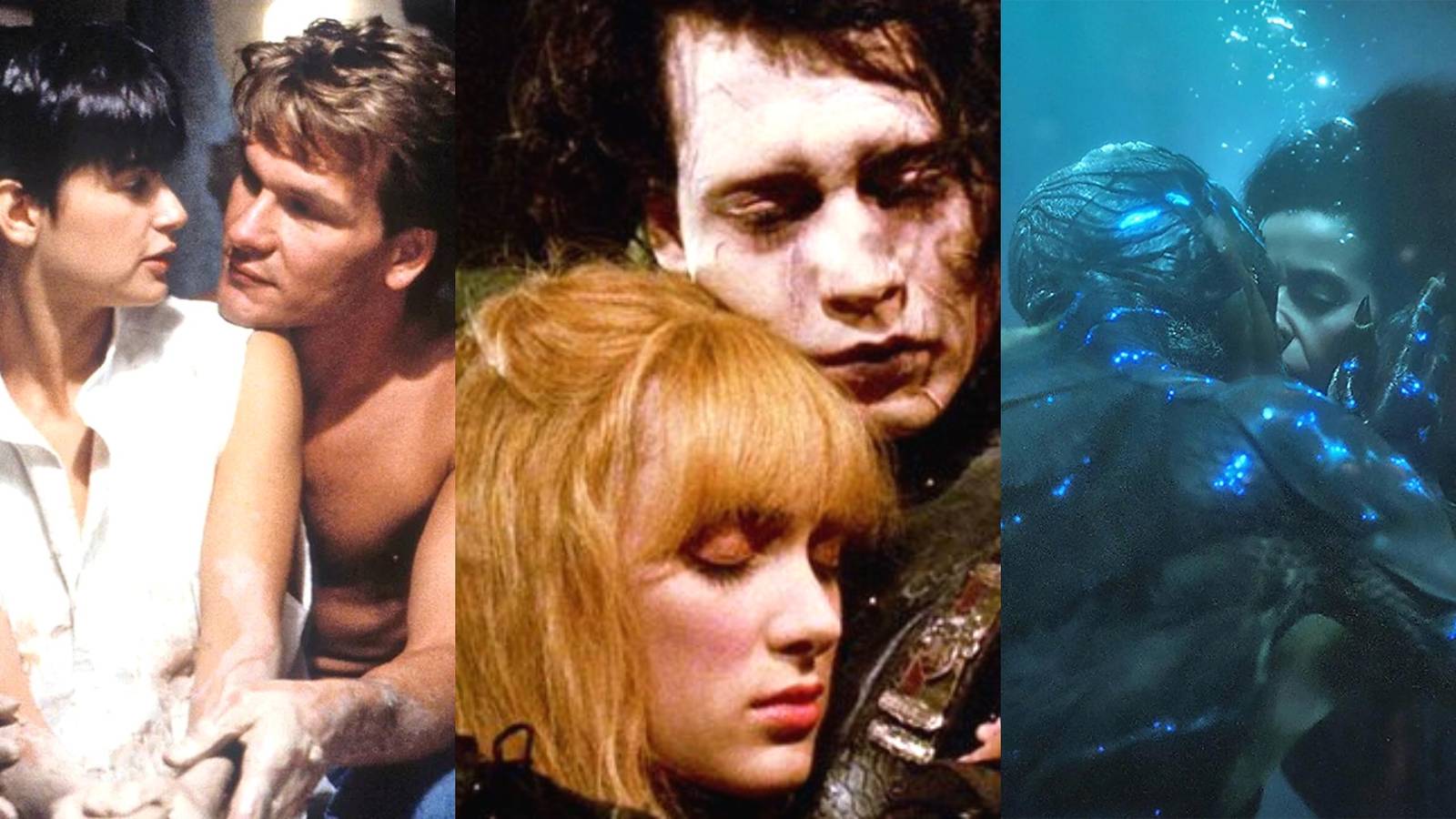 Molly and Sam in Ghost, Kim and Edward in Edward Scissorhands, Amphibian man and Eliza in The Shape of Water