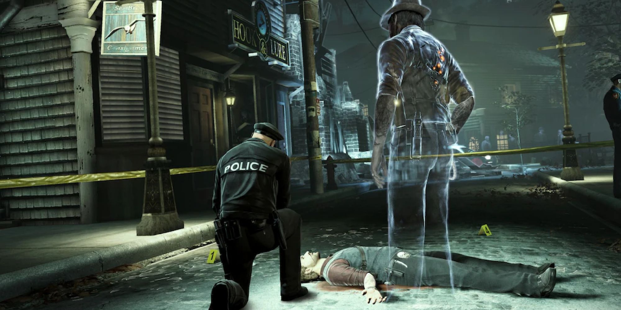 The ghost of Ronan examines a crime scene with a living police officer. 