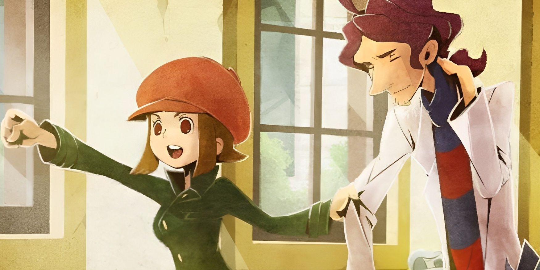 An optimistic Lucy Baker pulling Alfendi Layton down a hallway