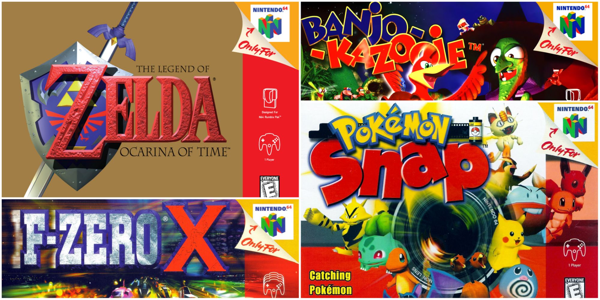 N64 Box Art collage with Ocarina of Time, Banjo-Kazooie, Pokemon Snap, And F-Zero X