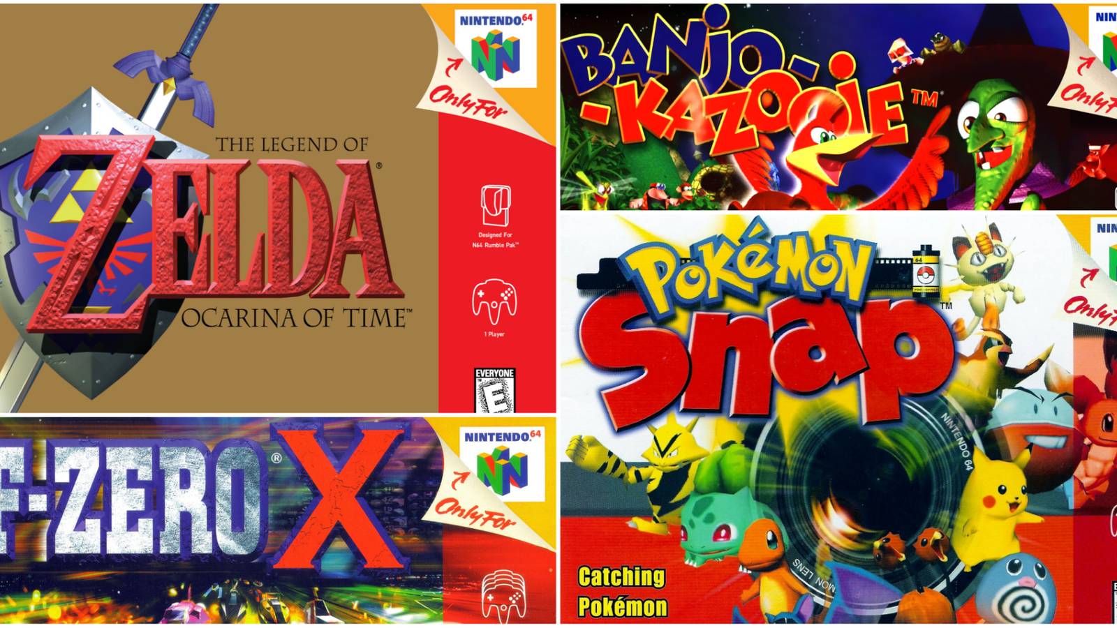 N64 Box Art collage with Ocarina of Time, Banjo-Kazooie, Pokemon Snap, And F-Zero X