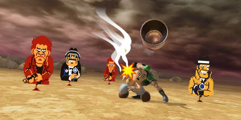 Mii Brawler and Little Mac being shot at with Hogans' Alley gunmen