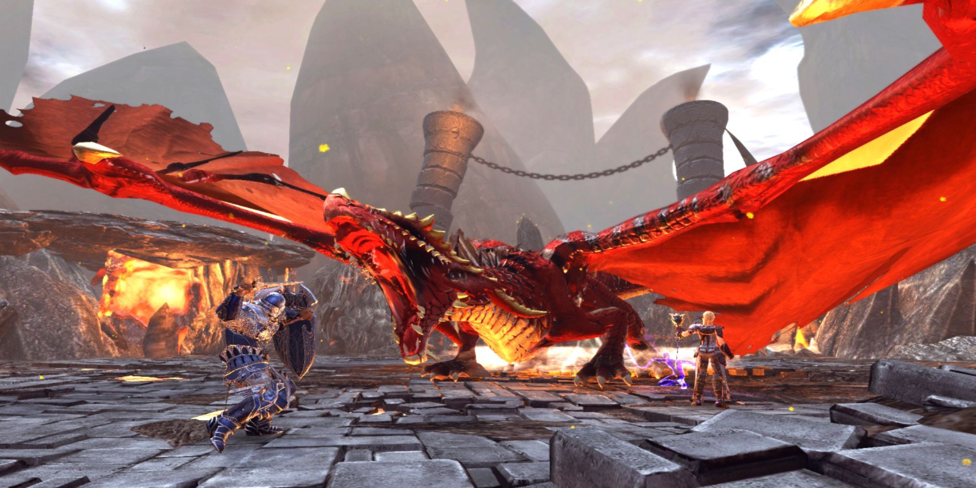 A fierce red dragon roaring as two adventurers prepare to battle it.