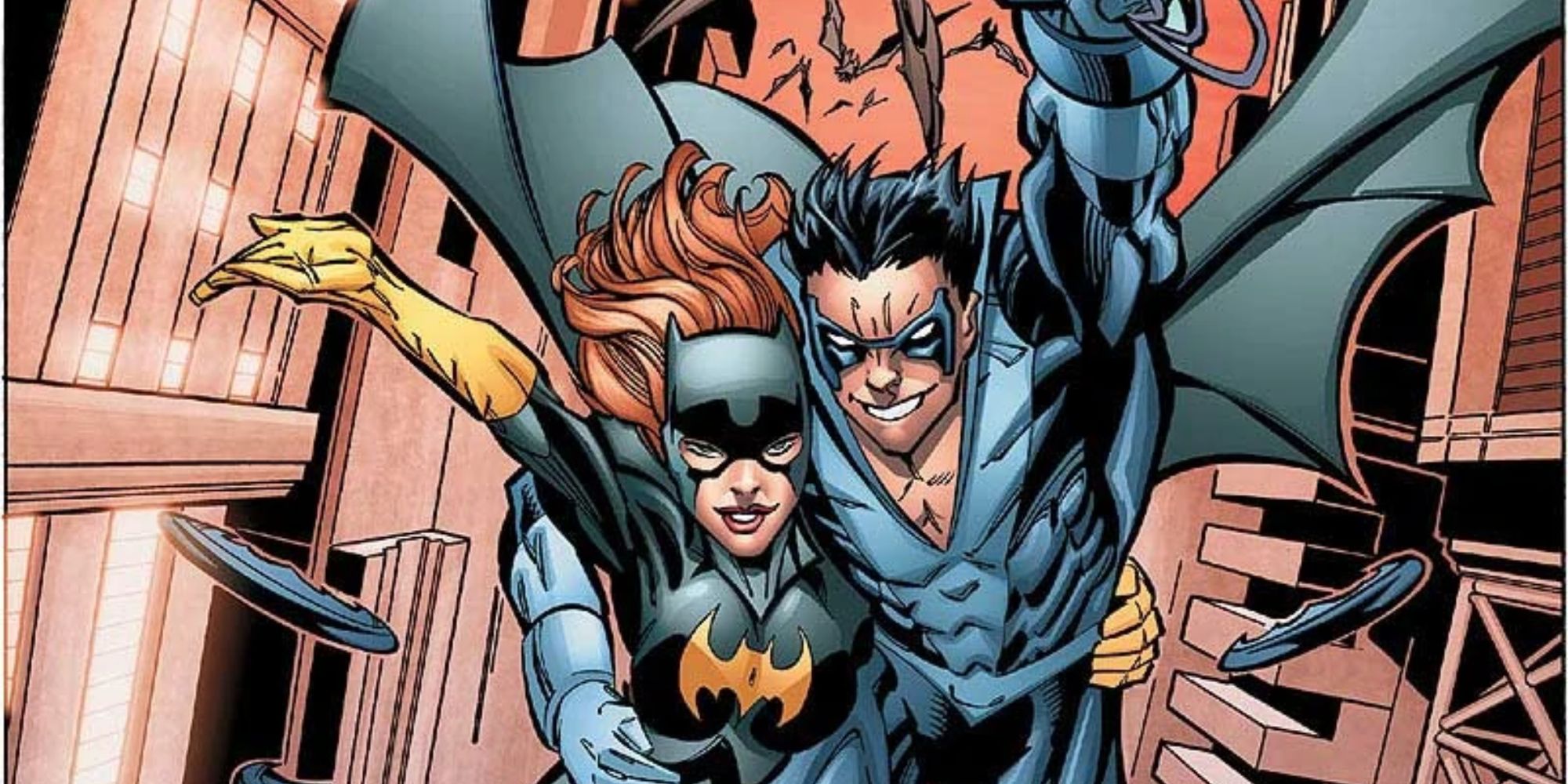 Nightwing swinging through a city with Batgirl