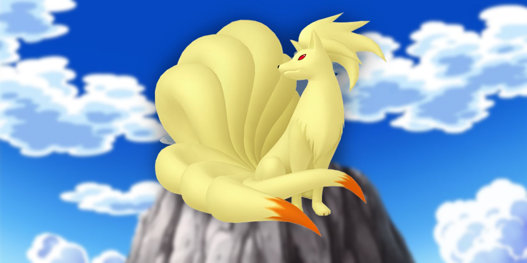 Ninetales pokemon home sprite avec fond de ciel bleu et nuages ​​blancs