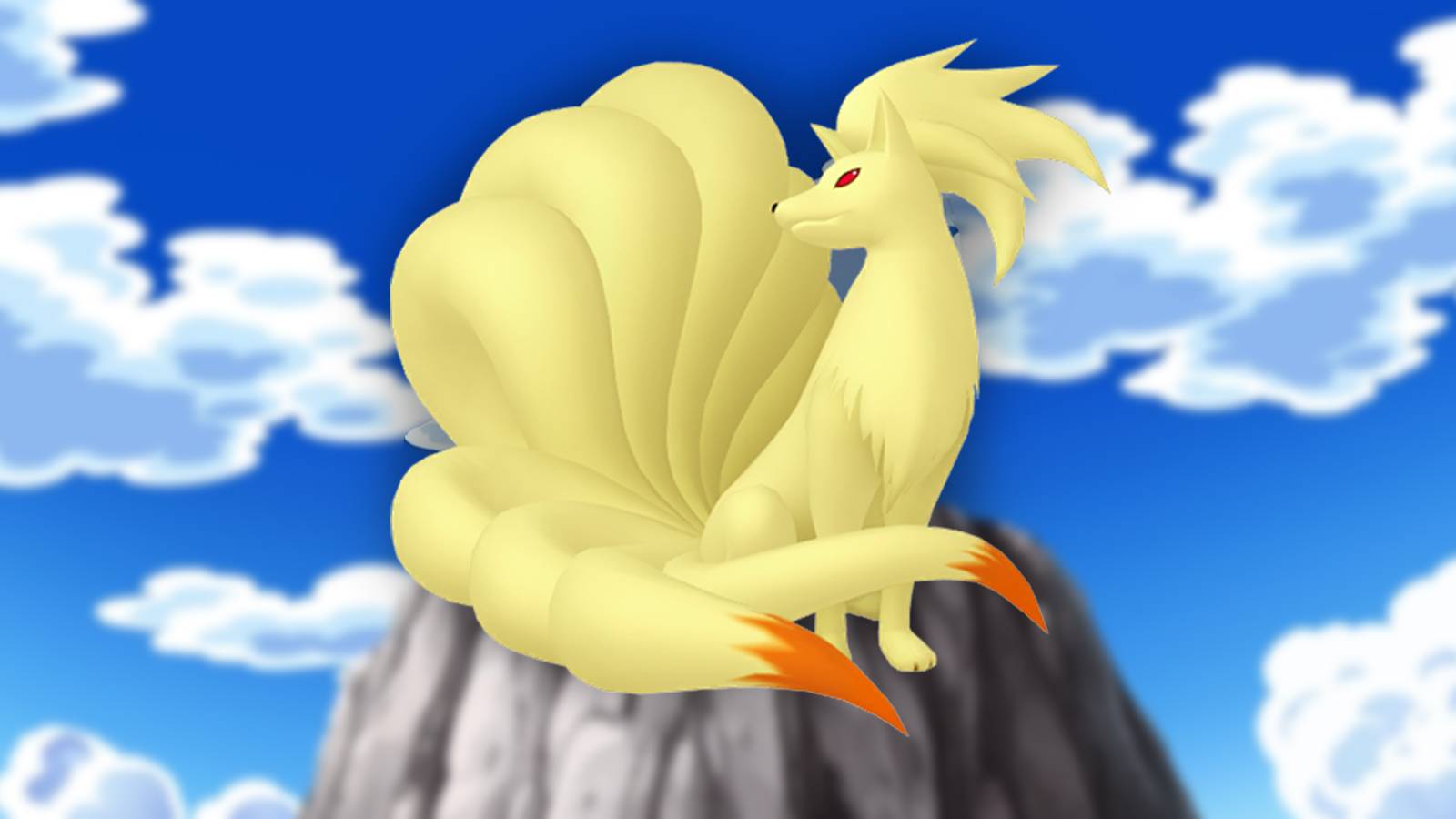ninetales pokemon home sprite with backdrop of blue sky and white clouds
