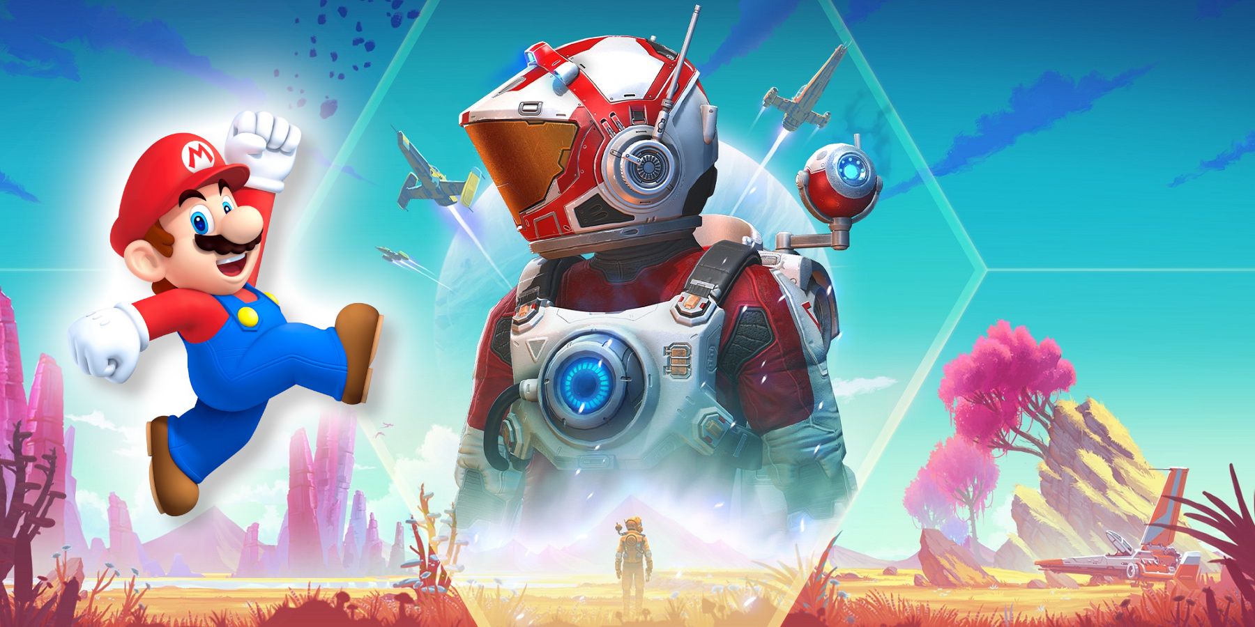 Image from No Man's Sky showing the Traveler in the middle looking at a jumping Mario.