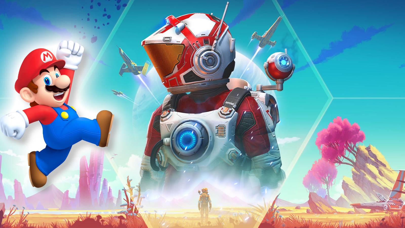 No Man's Sky image showing the Traveller in the middle looking at a jumping Mario.