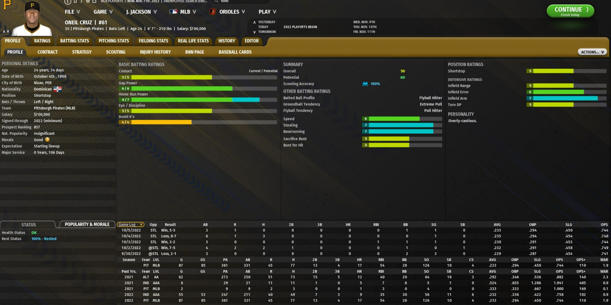 ONeil Cruz profile in OOTP 23