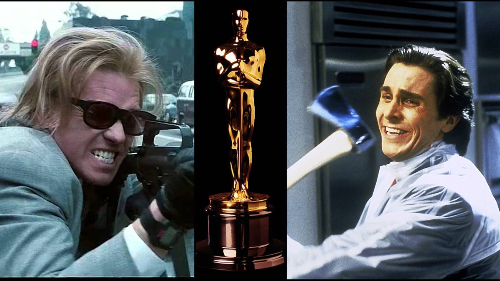 Split image with Val Kilmer, in Heat (1995), and Christian Bale, in American Psycho (2000), and an Oscar statue.