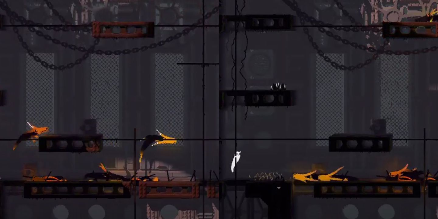 Pack of Orange Lizards attack Slugcat in Rain World