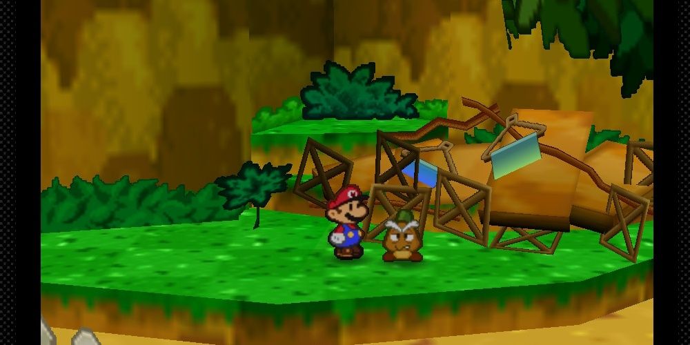 Paper Mario N64 Mario And Gomba By A Wrecked House