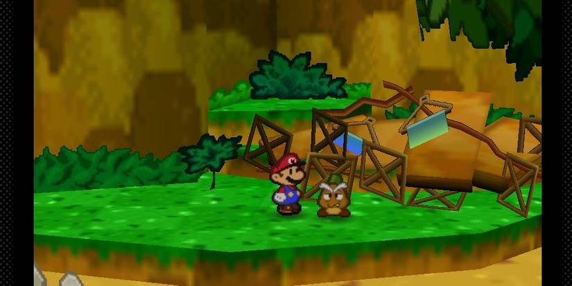 Paper Mario N64 Mario And Gomba By A Wrecked House