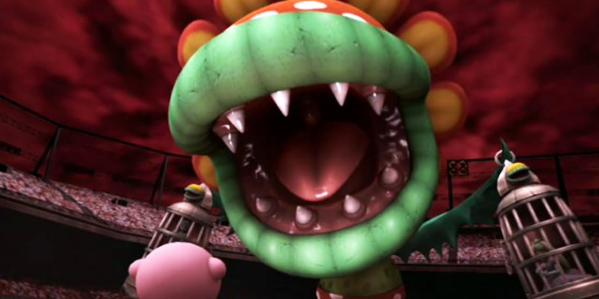 Petey Piranha roaring at Kirby in Smash Bros Brawl