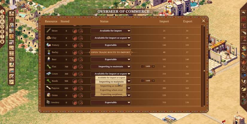 Pharaoh A New Era Resource Management Screen