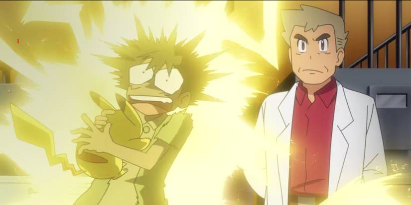 Pikachu electrocuting Ash near Oak