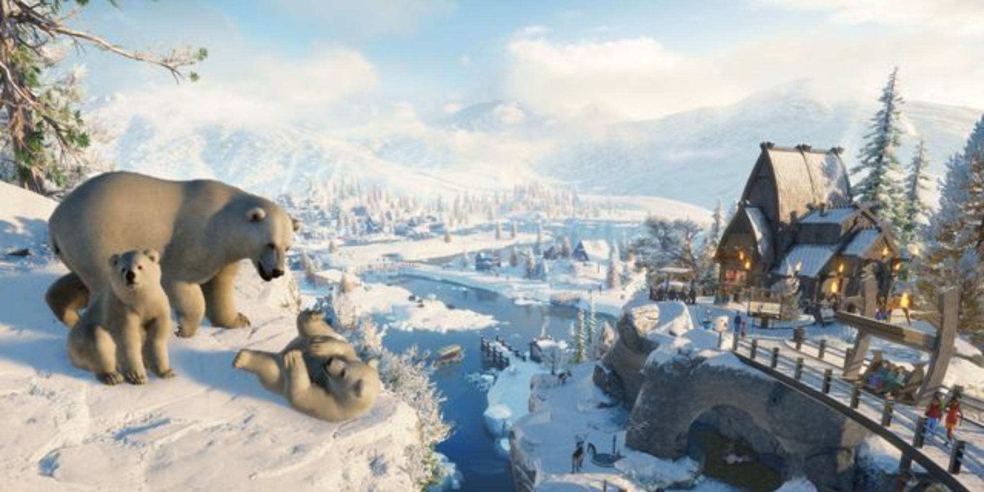 A family of polar bears overlooking icy plains and a zoo in Planet Zoo