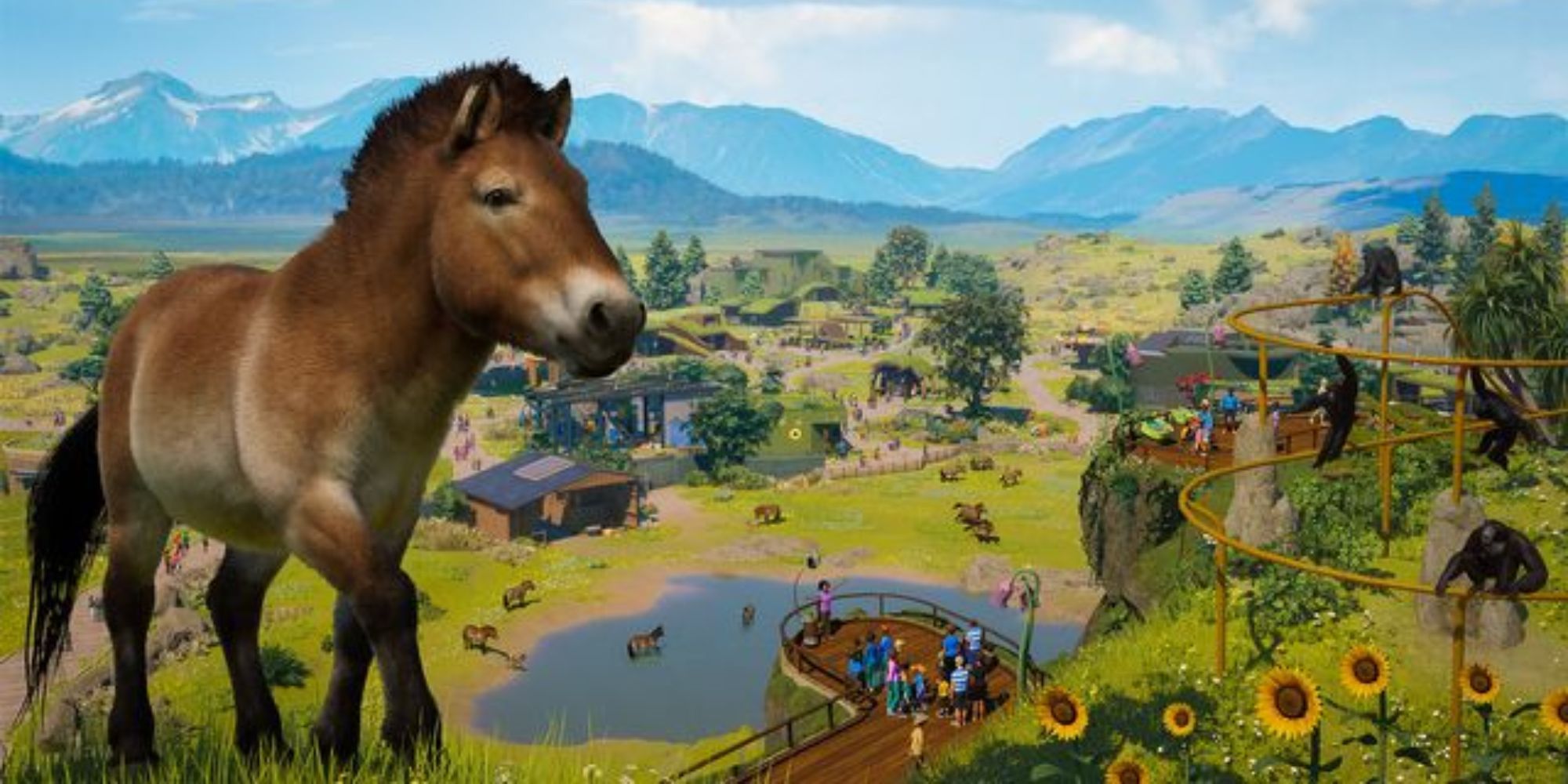 A horse overlooking a zoo in Planet Zoo