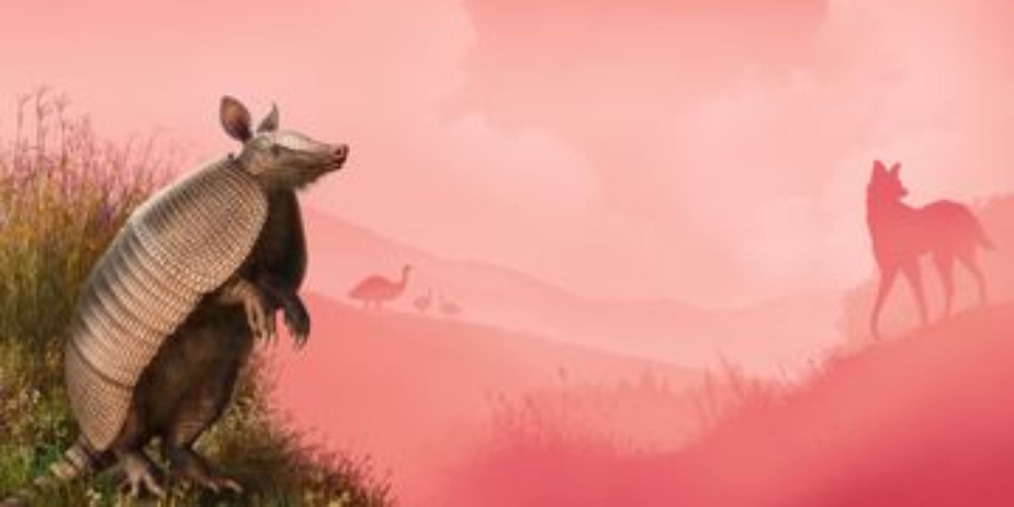 An armadillo standing in front of a pink backgroud with other animal silhouettes in Planet Zoo