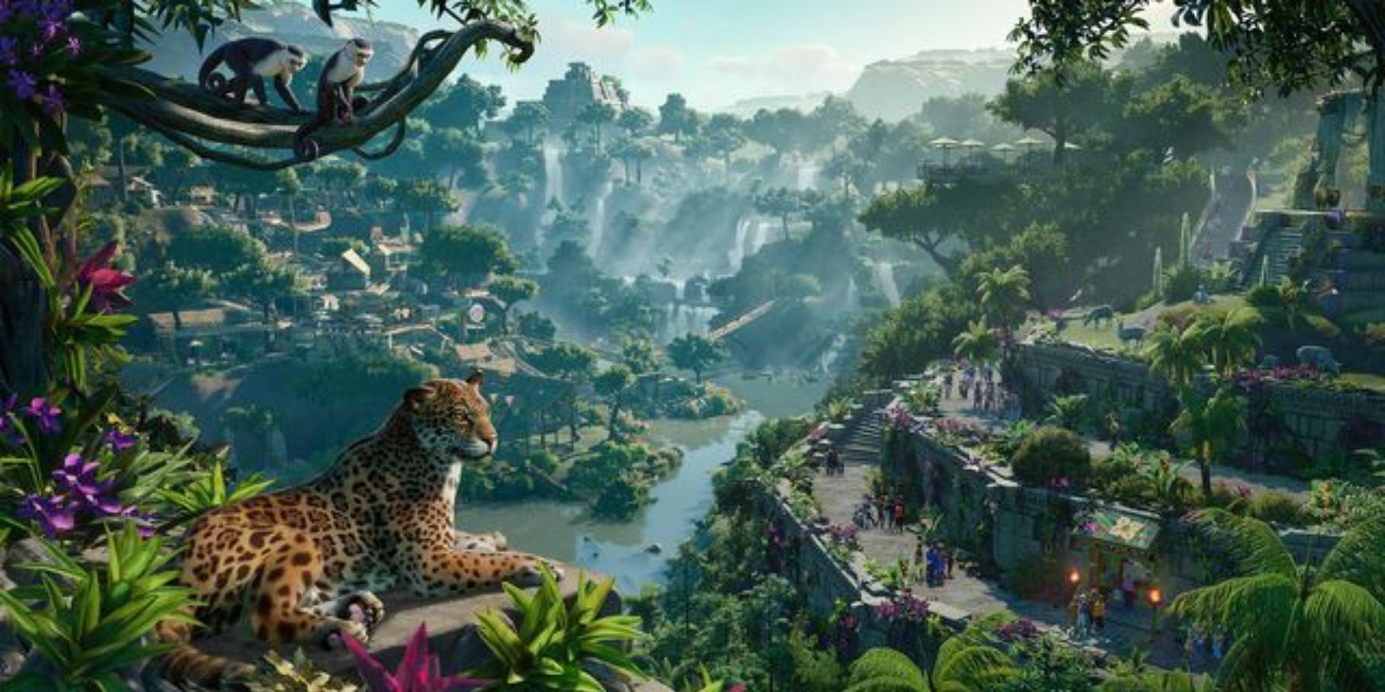 A resting jaguar overlooking a zoo and vast jungle in Planet Zoo