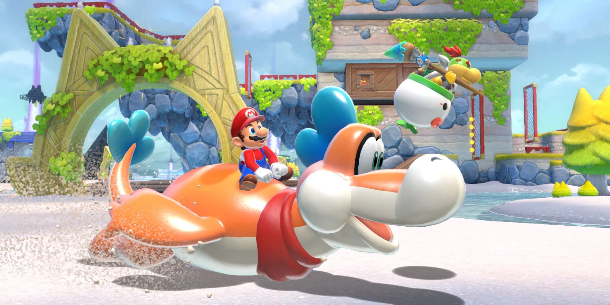 Mario riding Plessie in Mario 3D World