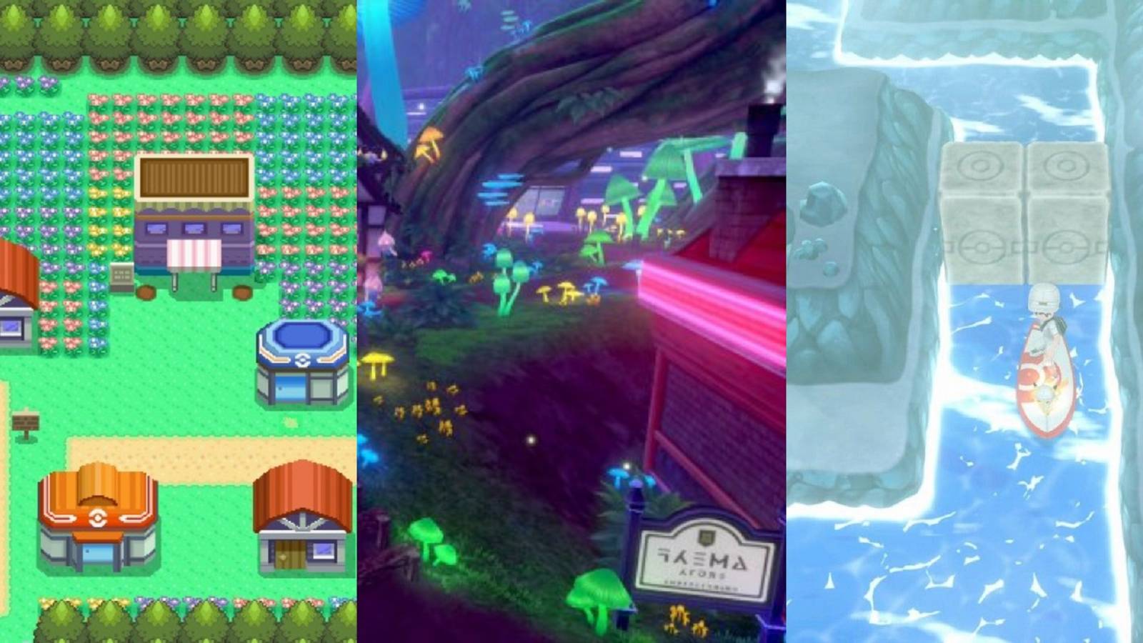Split image of Floaroma Town from Pokemon Diamond and Pearl, Ballonlea from Sword and Shield, and the Seafoam Islands from Lets Go Pikachu and Eevee