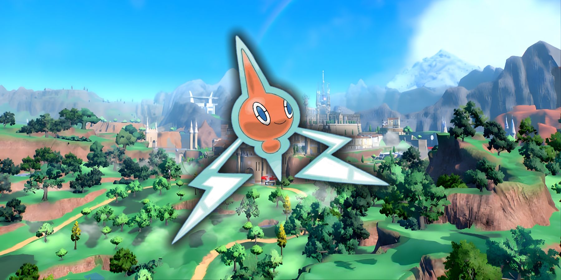 A picture of a Rotom floating over a Pokemon Scarlet and Violet background