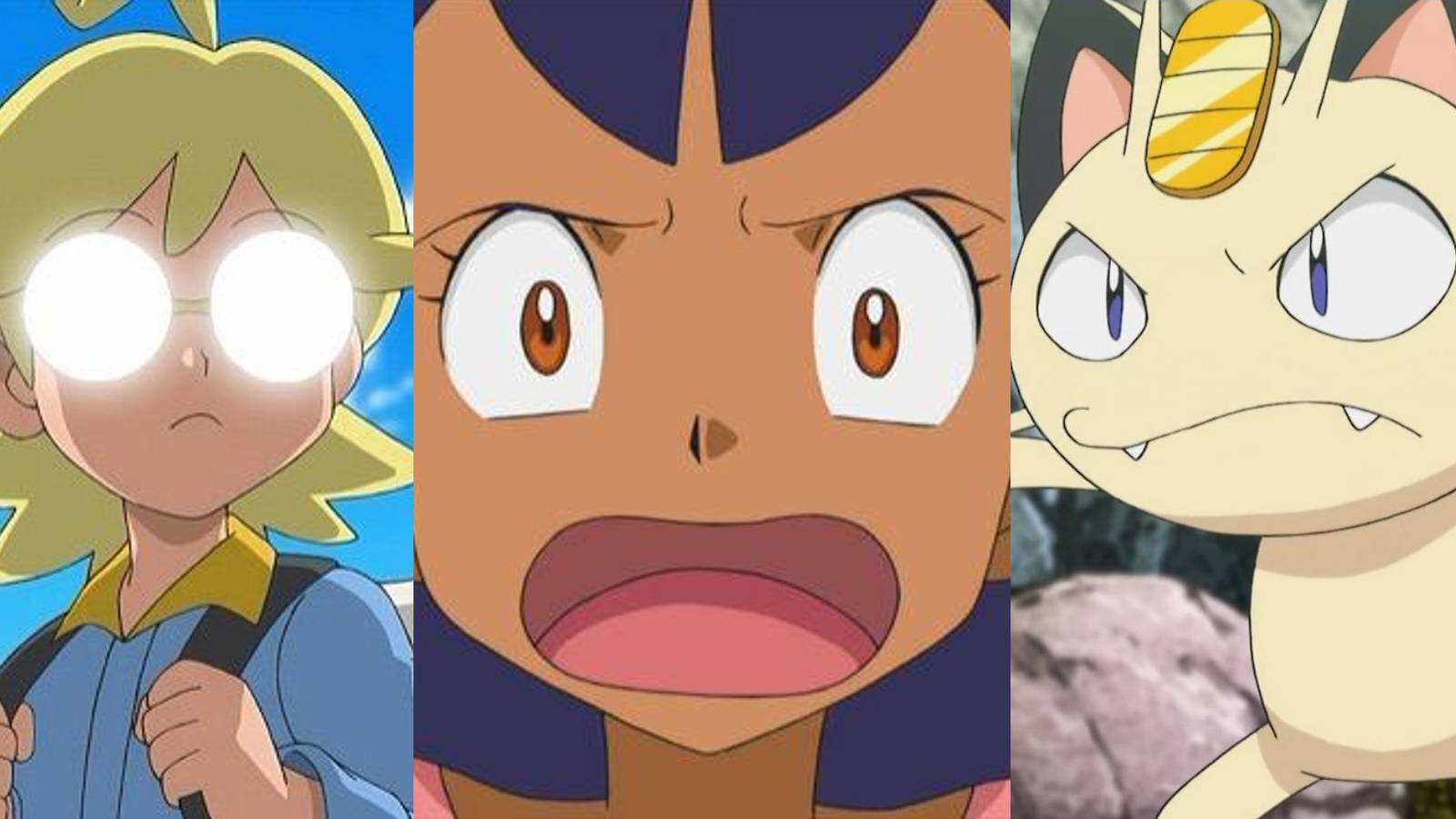 Clemont's glasses reflecting; Iris screaming; angry Meowth