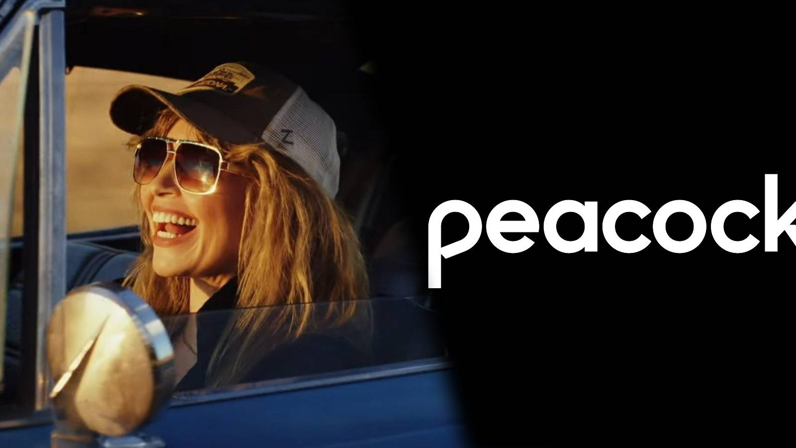 Poker Face Natasha Lyonne as Charlie Cale driving in car smiling with Peacock logo