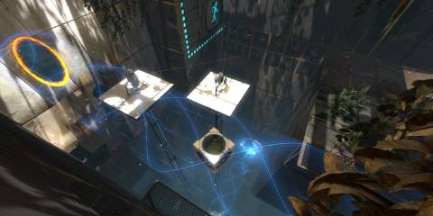 Excursion Funnels pushing cubes and turrets in Portal 2