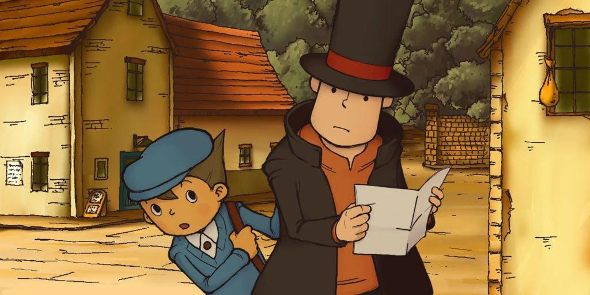 Layton and Luke looking at a piece of paper in Professor Layton And The Curious Village 