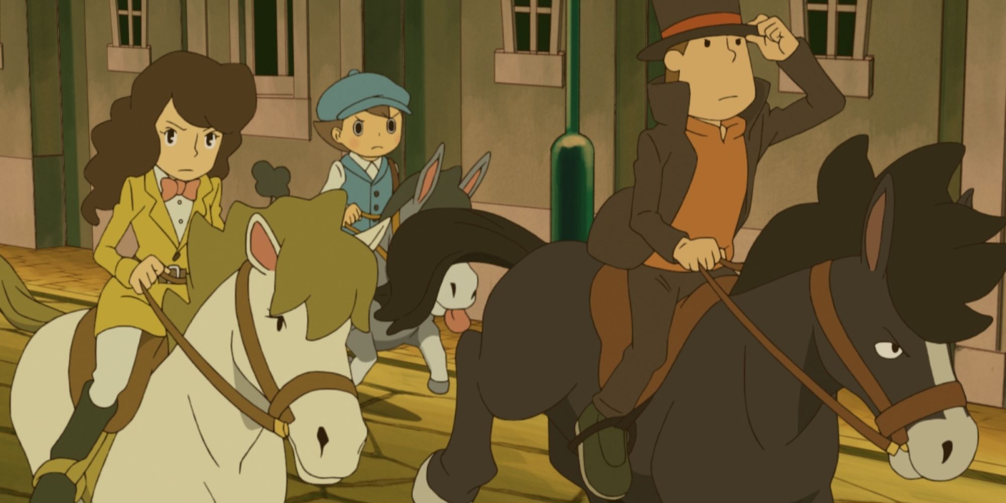 Professor Layton and his team riding on horses in Professor Layton And The Miracle Mask 