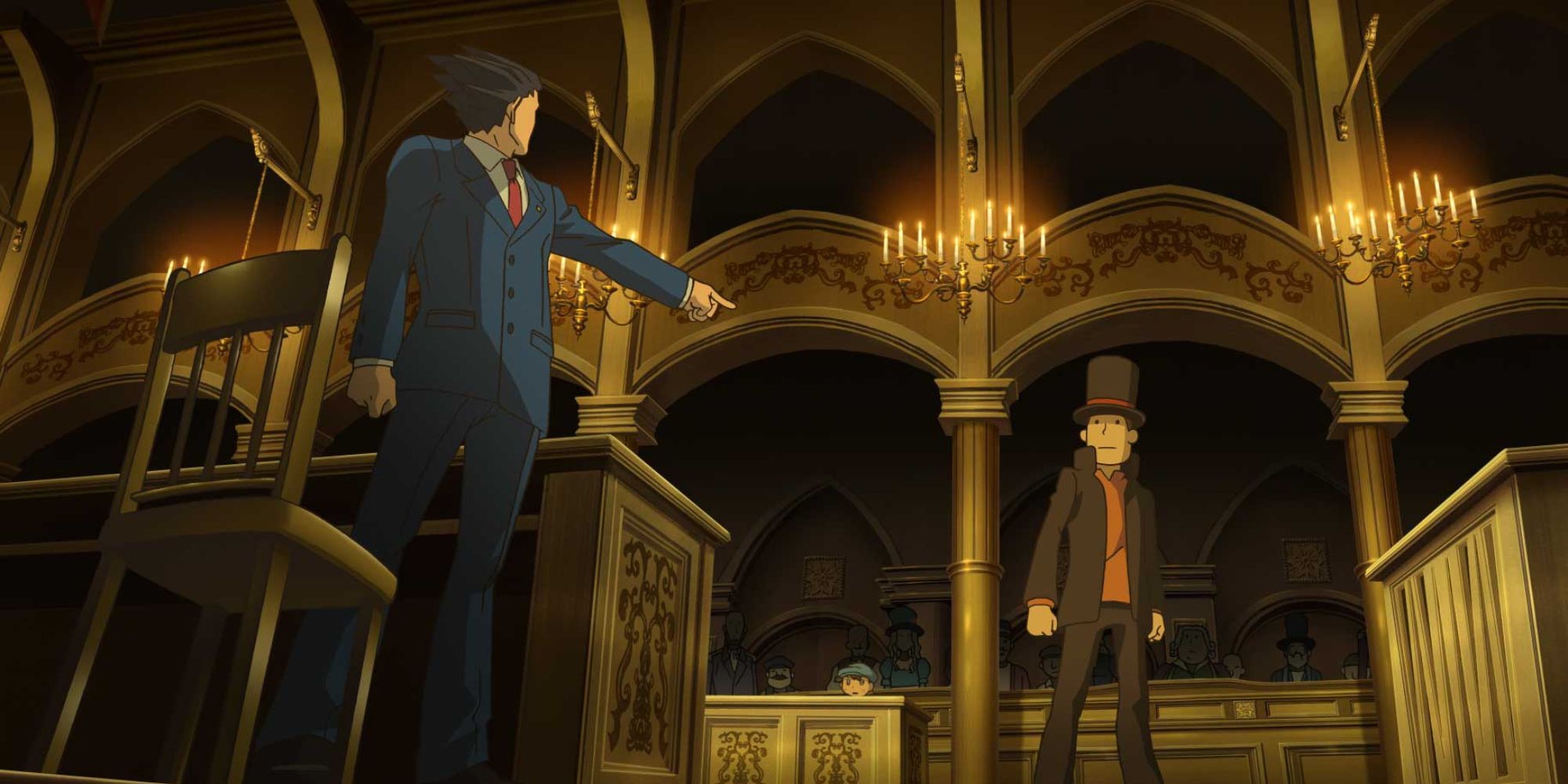 Professor Layton and Phoenix Wright looking at one another in Professor Layton Vs Phoenix Wright: Ace Attorney 