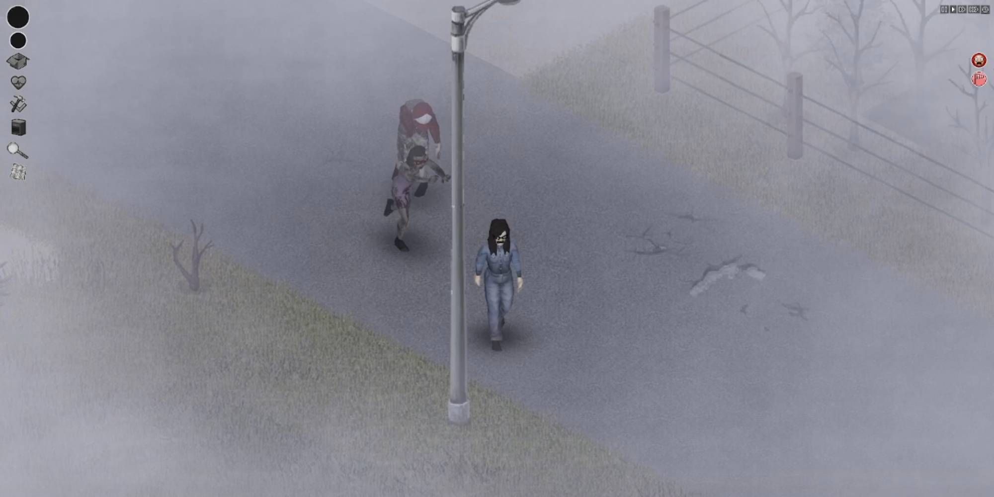 A character wearing glasses with long hair being chased through fog
