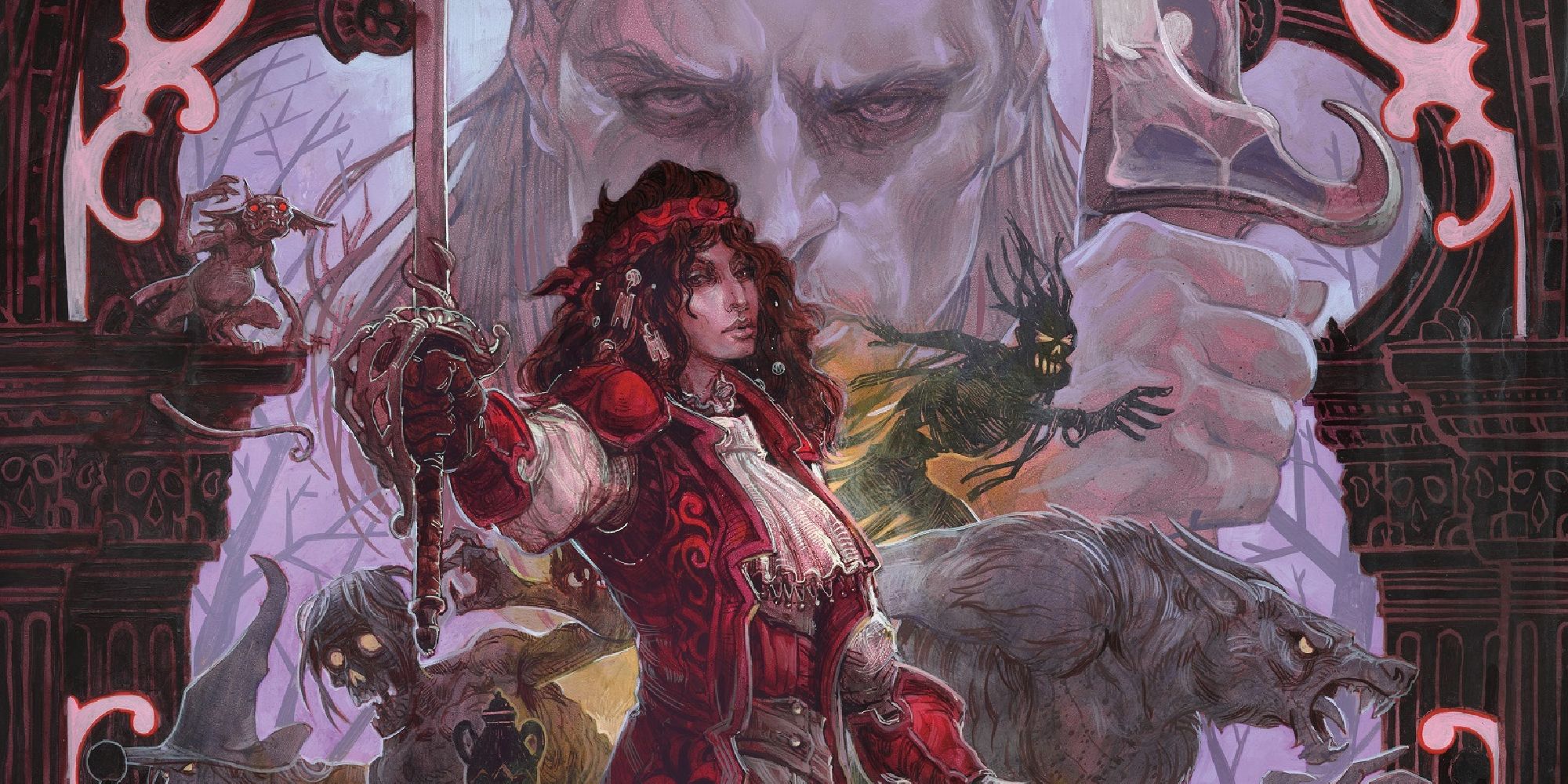 Cover art depicting the vampire hunter Esmerelda brandishing a sword, with several creatures and the looming face of Strahd in the background. 