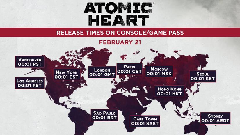 A map showing the release times for Atomic Heart on consoles
